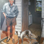 Harold and his Dog--Acrylic on Canvas. Modern still life painting by Australian artist Chris Hundt. Top artist for quirky art & narrative art. One of the modern Australian female artists & Australian painters.