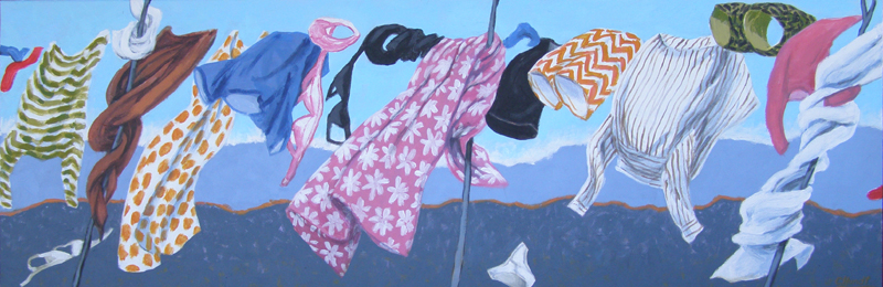 Pole Dancing by Chris Hundt Australian artist Pole Dancing. Modern still life painting by Australian artist Chris Hundt. Top artist for quirky art & narrative art. One of the modern Australian female artists & Australian painters.