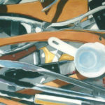 Utensil Drawer Contents--Acrylic on Canvas. Modern still life painting by Australian artist Chris Hundt. Top artist for quirky art & narrative art. One of the modern Australian female artists & Australian painters.